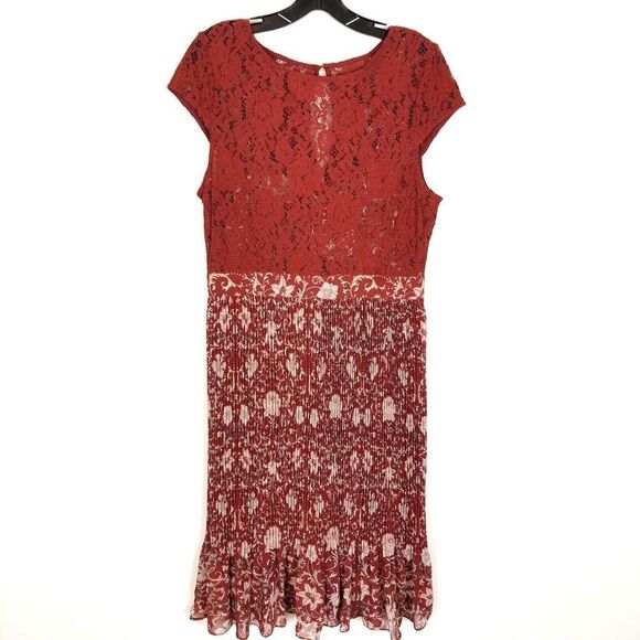 Anthropologie Tracy Reese Women Lace Pleated Midi Dress Size 10 Maroon Cap Sleev